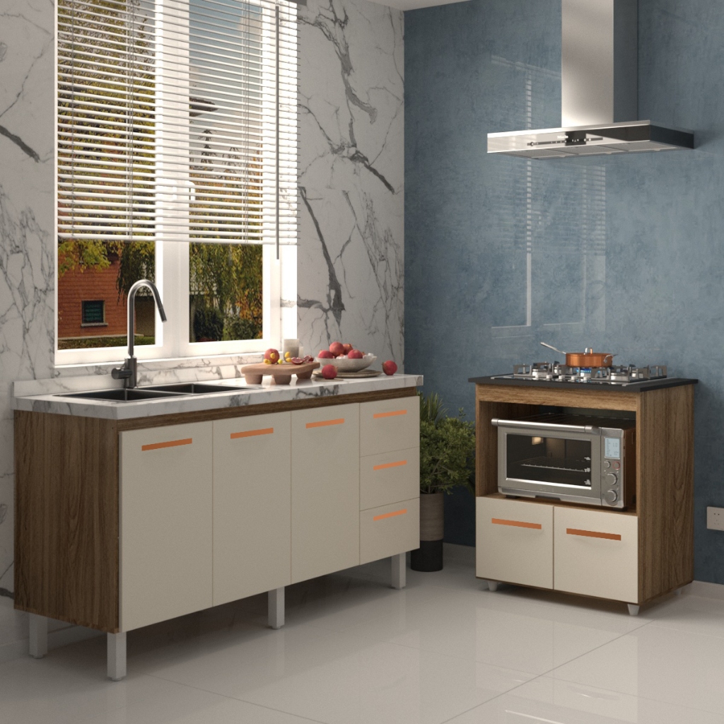 Balcão Cozinha Armário Gabinete de Pia 160 cm Estela e Balcão para Fogão Cooktop 5 Bocas Evelyn Savana Off White