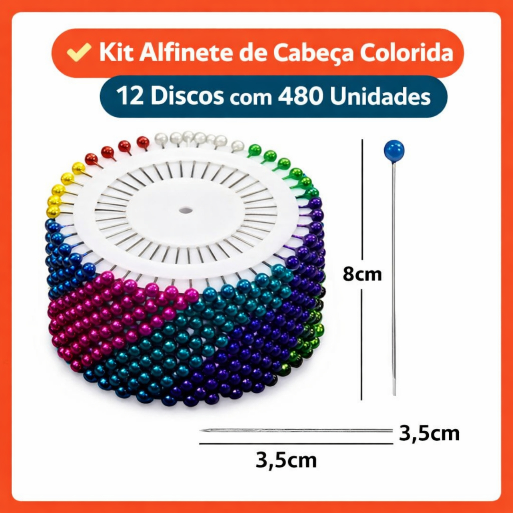 Kit Alfinete de Cabeça Colorida 12 Discos com 480 Unidades para Costura Patchwork Artesanato