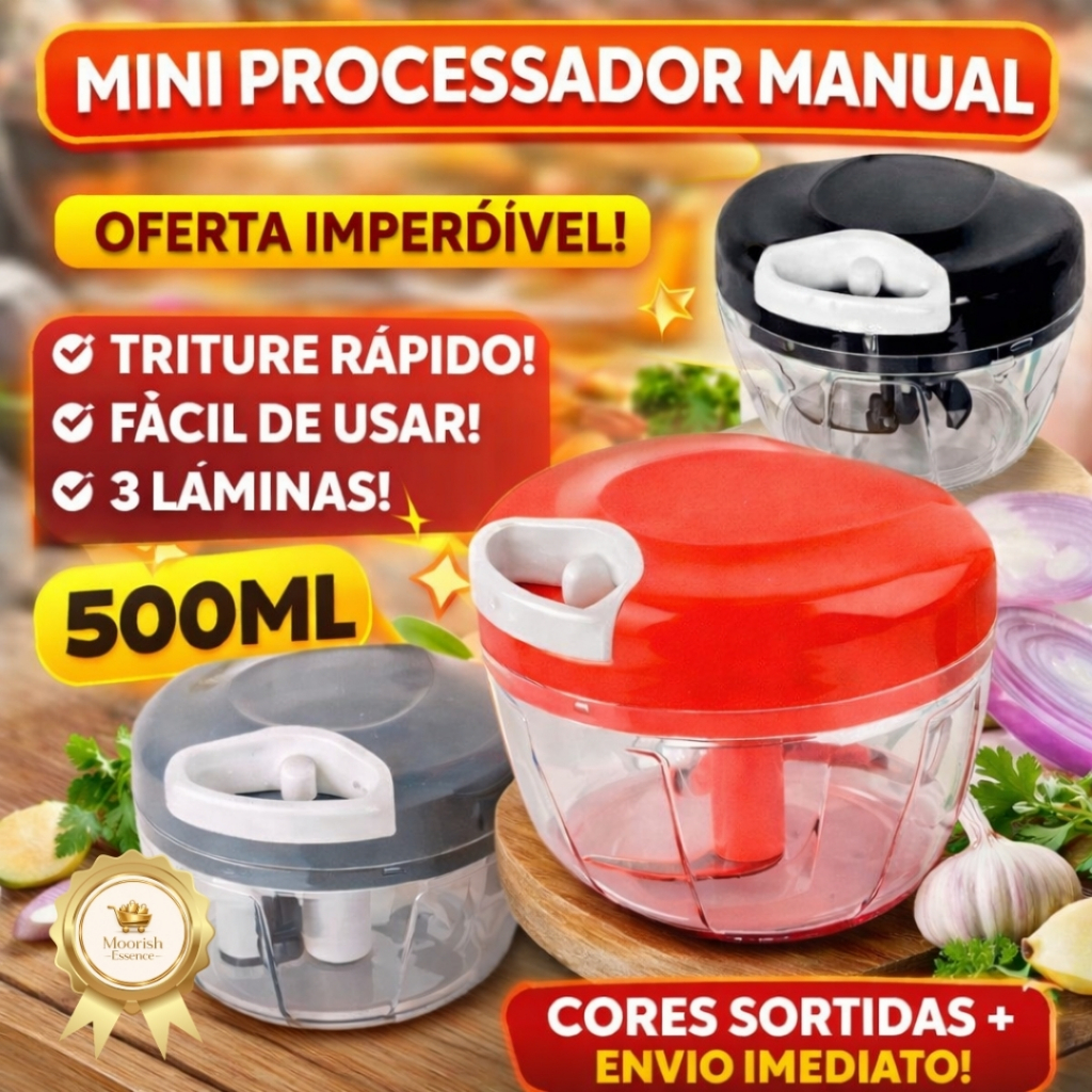 Mini Triturador Processador Manual 3 Lâminas 500ML- (Cores Sortidas)