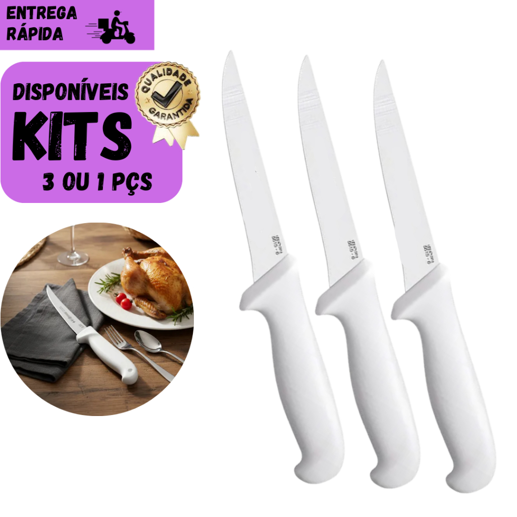 Kit 3 Faca de Desossa 6" Polegadas Profissional Aço Inox, Corte Preciso Carne, Frango e Peixe