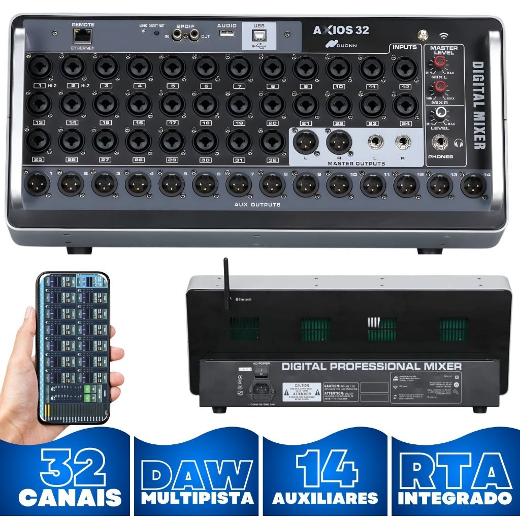 Console Mesa de Som Digital Duonn Axios 32 Canais 14 Auxiliares Multipista Profissional Efeitos DSP Equalizador