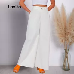 Lovito Calça Jeans Off White Pantalona Cintura Alta Casual Lisa Feminina PTB723BRL753