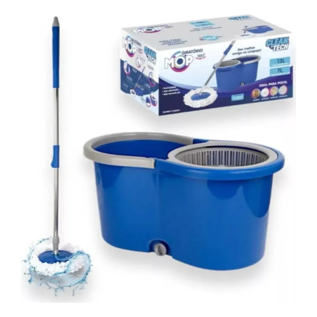 Mop Giratório Com Balde 13L OU 8L – Cabo Longo e Centrifugação Rápida Sem Esforço