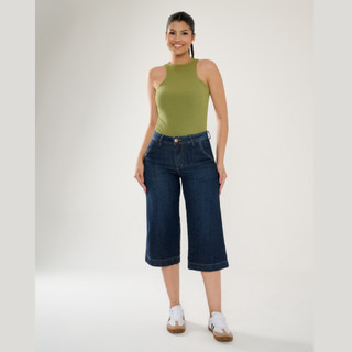 Calça Jeans Feminina Pantacourt Alfaiataria Lycra Sem Fenda Com Elastano Cos Alto Confortável Calor