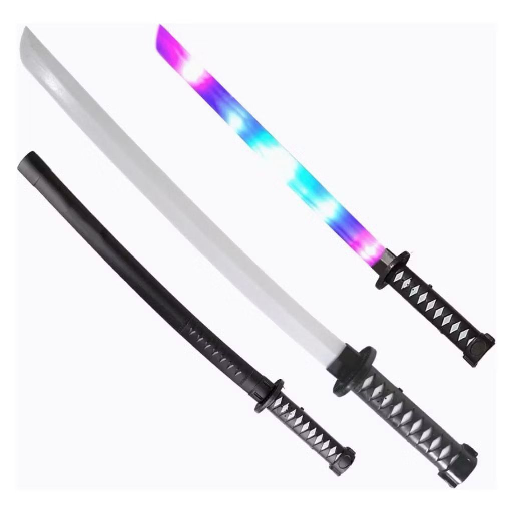 Espada Infantil Katana Samurai Ninja LED Colorida com Luz e Som de Batalha Real Efeito Neon Multicolor Kit com 1 / 2 / 4