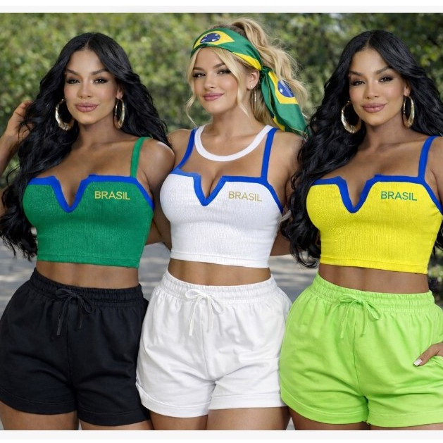 CROOPED BRASIL DECOTE EM V+ SHORTS FEMININO SAIDA DE PRAIA
