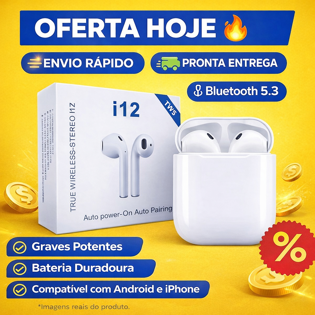 Fone Bluetooth I12 Tws Sem Fio V5.3 Touch Estilo AirPods para Android e iOS — R$ 15,50 em Shopee