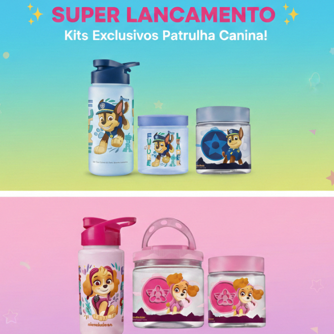 Kit Patrulha Canina SKYE ou CHASE Lancheira Squeeze Pote 550ml Pote 1 Litro Plástico Livre de BPA