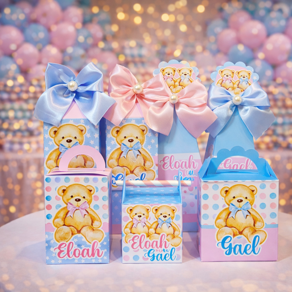 Kit de Caixinhas Personalizadas Chá de Revelação Ursinhos Rosa e Azul - Pegue e Monte