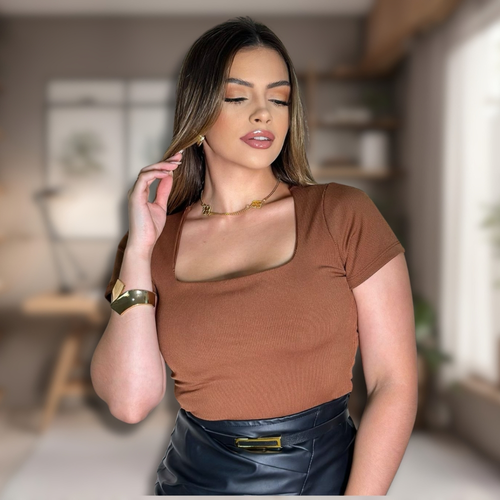 Blusa Feminina Decote Quadrado Ribana Canelada Listrada • Manga Curta Elegante Premium Casual em Oferta na Shopee