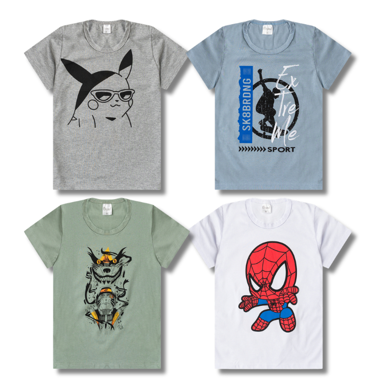 Kit Sortido 4 Camisetas Manga Curta Estampadas Masculino/Menino Infantil Juvenil Verão do 3 ao 16