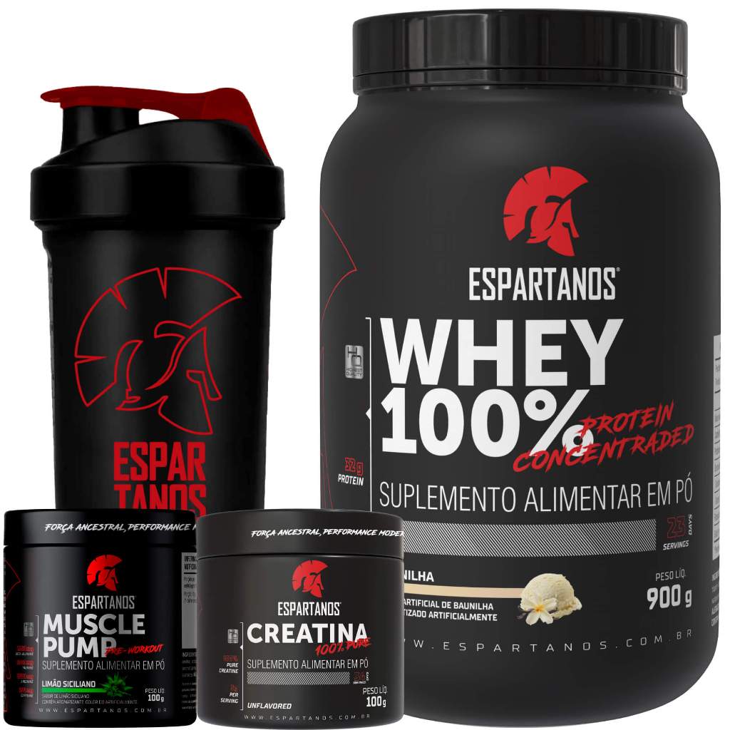 Whey Protein 100% + Creatina + Pré Treino + Shaker - ESPARTANOS em Oferta na Shopee