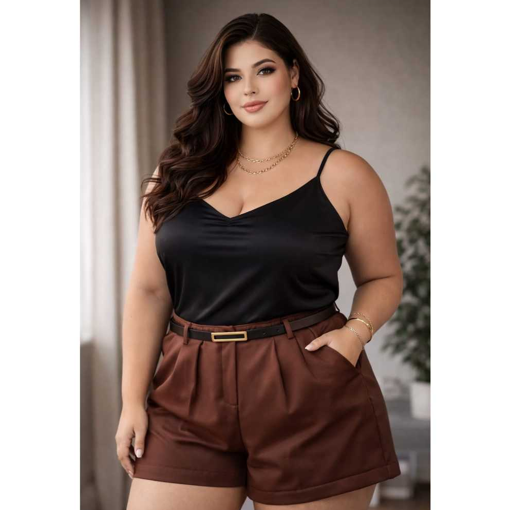 Short Feminino Alfaiataria Plus Size Preto com Cinto Incluso em Oferta na Shopee