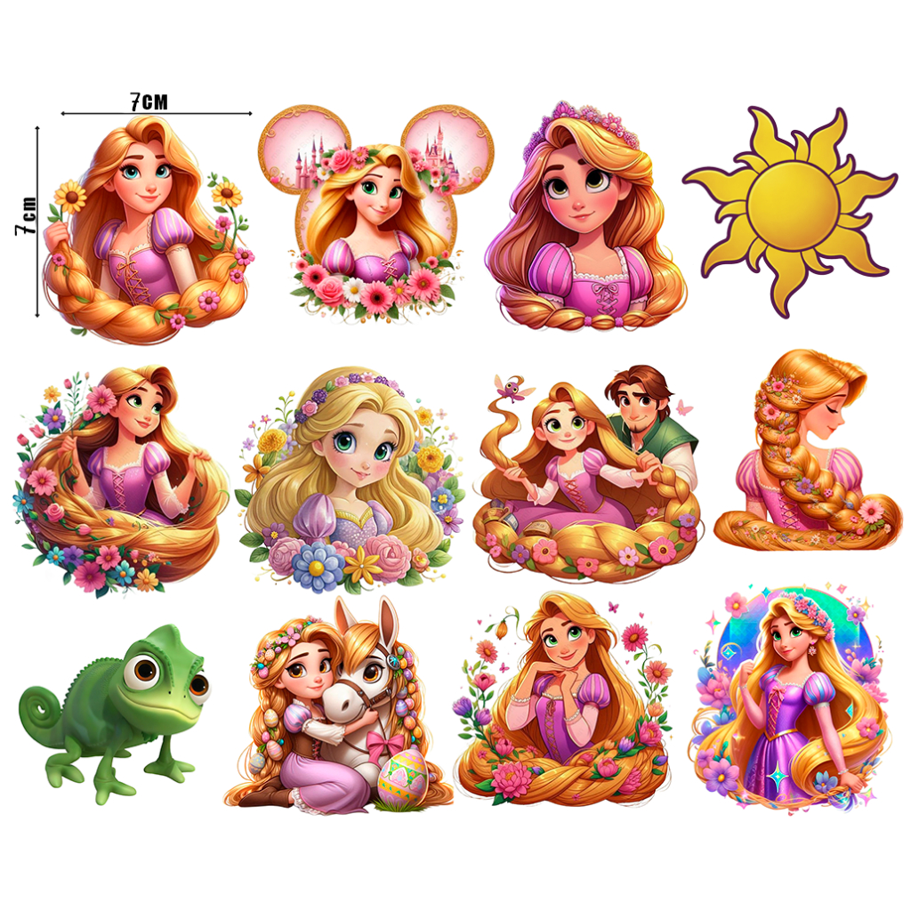 Kit DTF 12 Apliques Princesas Disney 7cm Termocolante Para Roupas Transfer Textil Aplicar em Qualquer Tecido Ariel, Bela