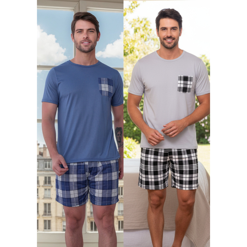 Kit 2 Pijamas  Xadrez Masculino Verão Manga Curta Malha Promoção