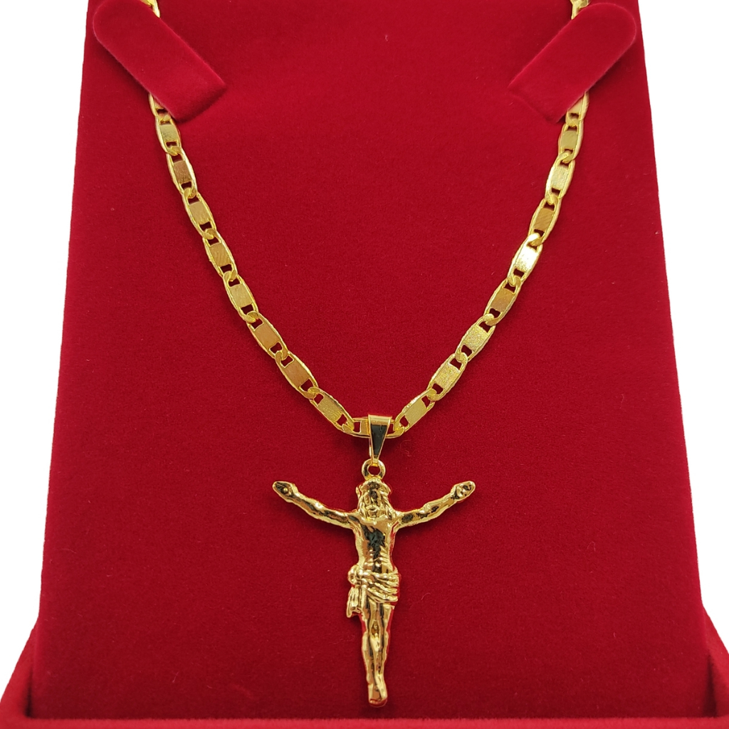 Corrente Masculina Italiana Piastrine Crucifixo Jesus 3mm 60cm Moeda Antiga Ouro 18k Não Escurece