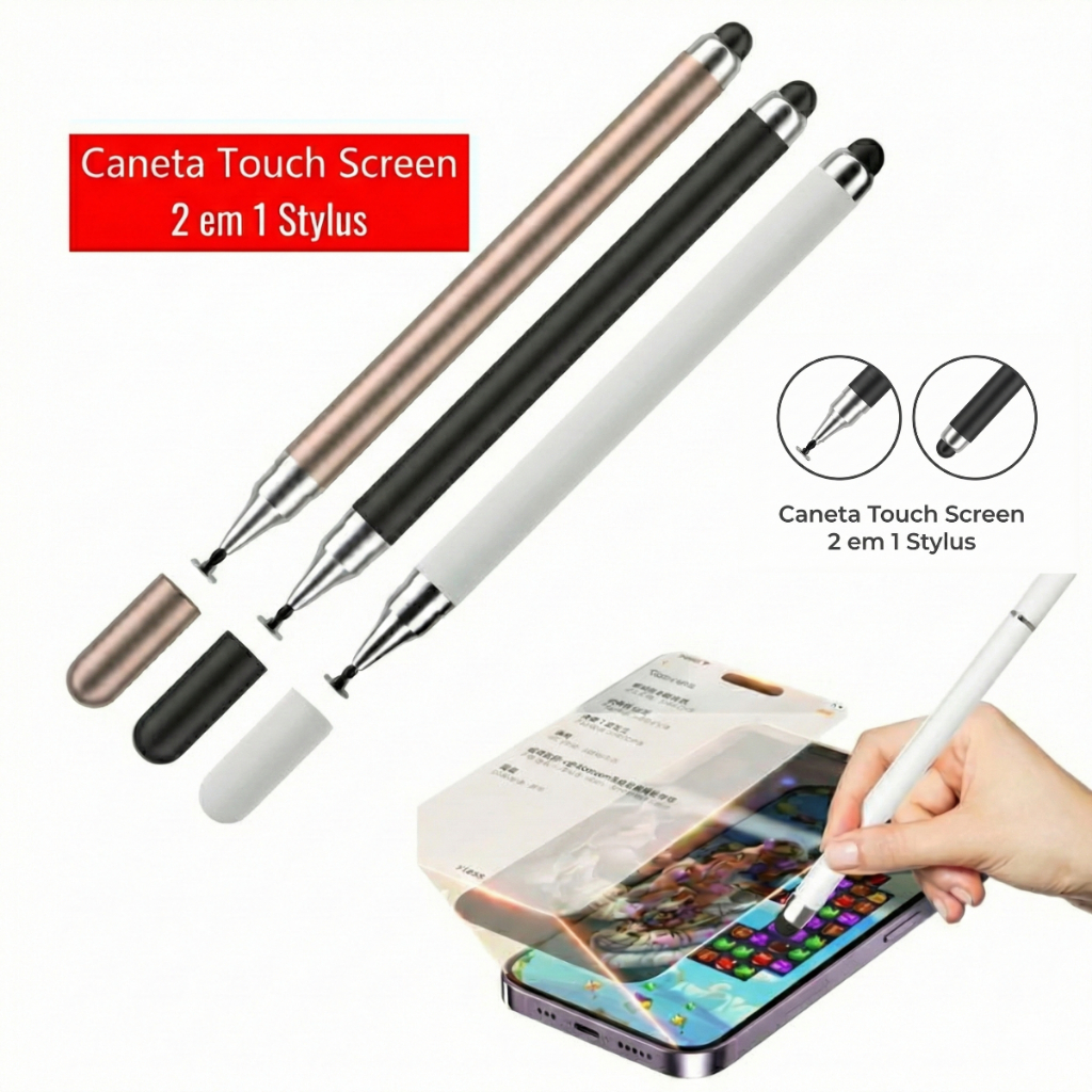 Caneta Stylus Touch Screen Capacitiva Tela Universal Tablet Celular Ipad Desenho 2 em1 Ponta Fina