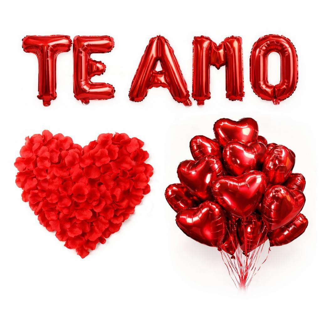 Kit Romântico 200 Pétalas Artificiais + 5 Balão Coração + TE AMO