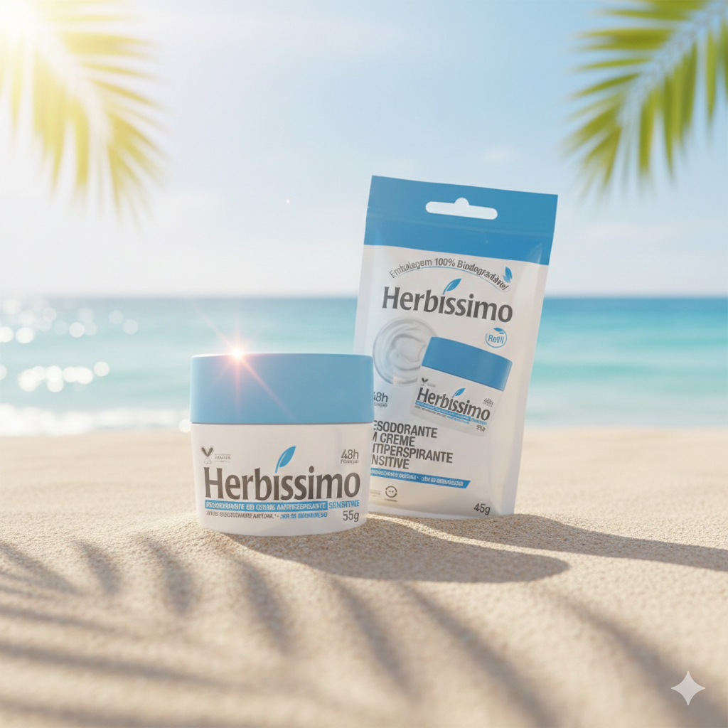 Kit 2 itens -  Desodorante Creme Antitranspirante Herbíssimo | Sachê Refil + Potinho | Sensitive 45g