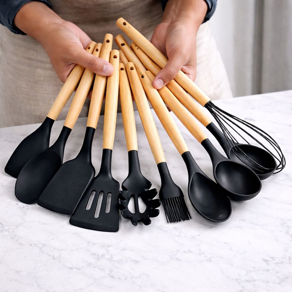 Utensílios De Silicone Cabo De Madeira Bambu Jogo Concha Colher Cozinha - |8831| Lançamento