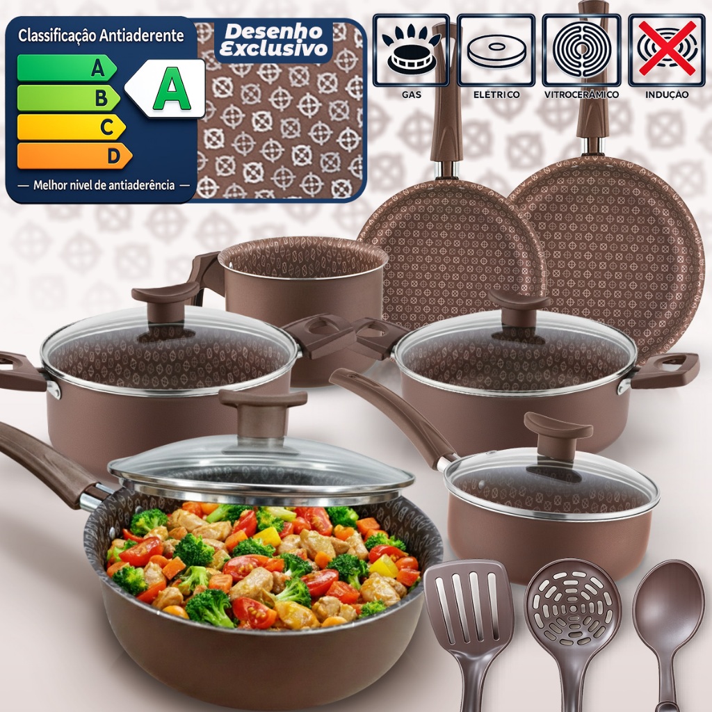 Jogo Conjunto De Panelas D'Itália 10 Peças Disegno Marrom Teflon Antiaderente Tampa De Vidro