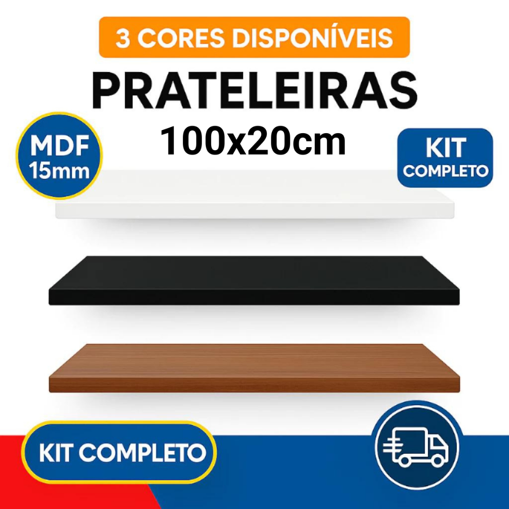 Prateleiras MDF 100x20cm com Suporte Quarto Sala Banheiro Decoração Branca Preta Freijó + Kit Instalação em Oferta na Shopee