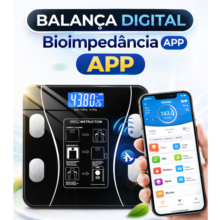 Balança Digital Bioimpedância 140kg Bluetooth App Android iOS Gordura IMC Massa Muscular Preta em Oferta na Shopee