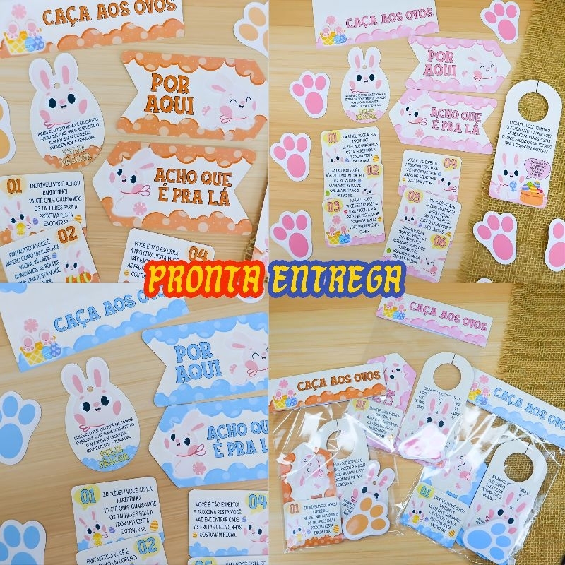 ENVIO RÁPIDO - Kit Caça aos Ovos Coelho Páscoa com 32 Pegadas + Pistas Divertidas Brincadeira Crianças lembrancinhas