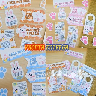 ENVIO RÁPIDO - Kit Caça aos Ovos Coelho Páscoa com 32 Pegadas + Pistas Divertidas Brincadeira Crianças lembrancinhas