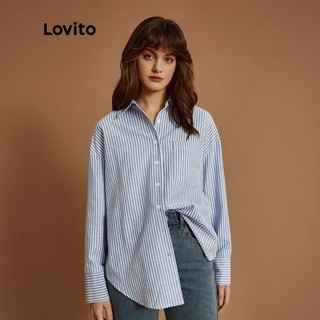 Lovito Blusa Casual Listrada Texturizada/Macia/Botão De Gola De Algodão Para Mulheres BRBLB34UD002