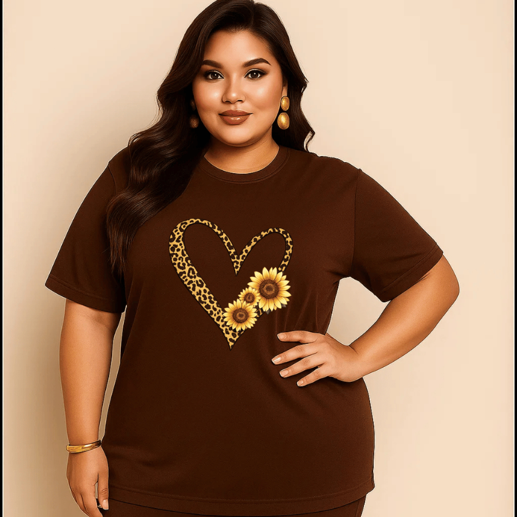 Camiseta Plus Size Feminina Estampada Do P Ao G5 Coração 3 Flor Academia Treino 100% Algodão Premium Verão