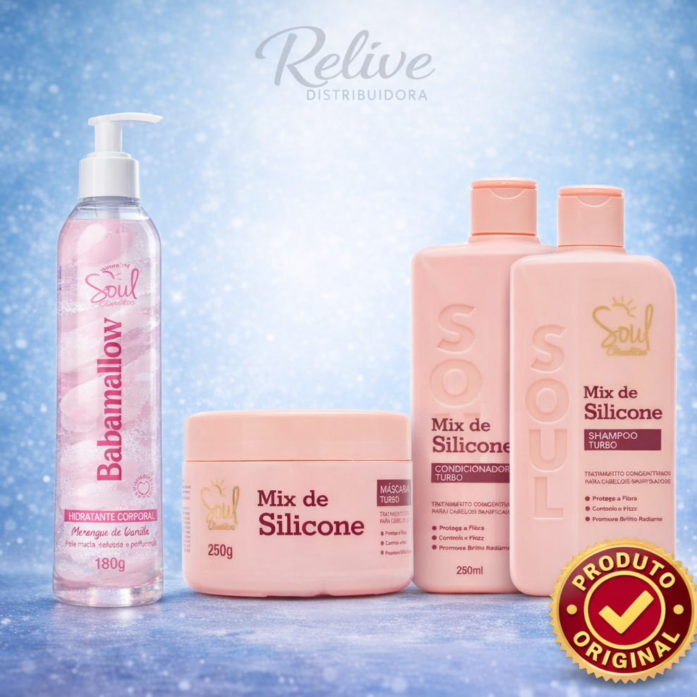 Combo Kit Capilar Mix de Slicone + Hidratante Corporal Babamallow SOUL Shampoo Condicionador Mascara