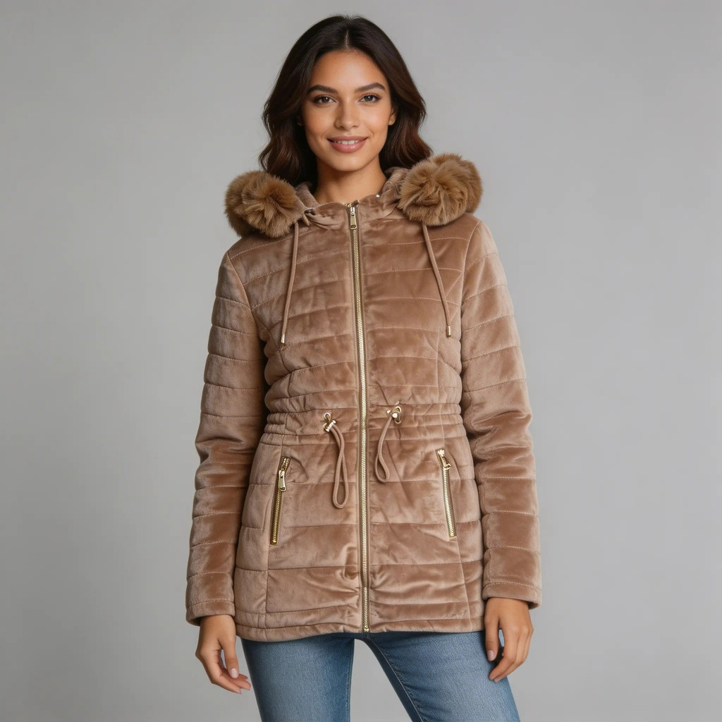 Parka Feminina em Suede Jaqueta blusa de frio feminina longa de Veludo Capuz Removível Blazer