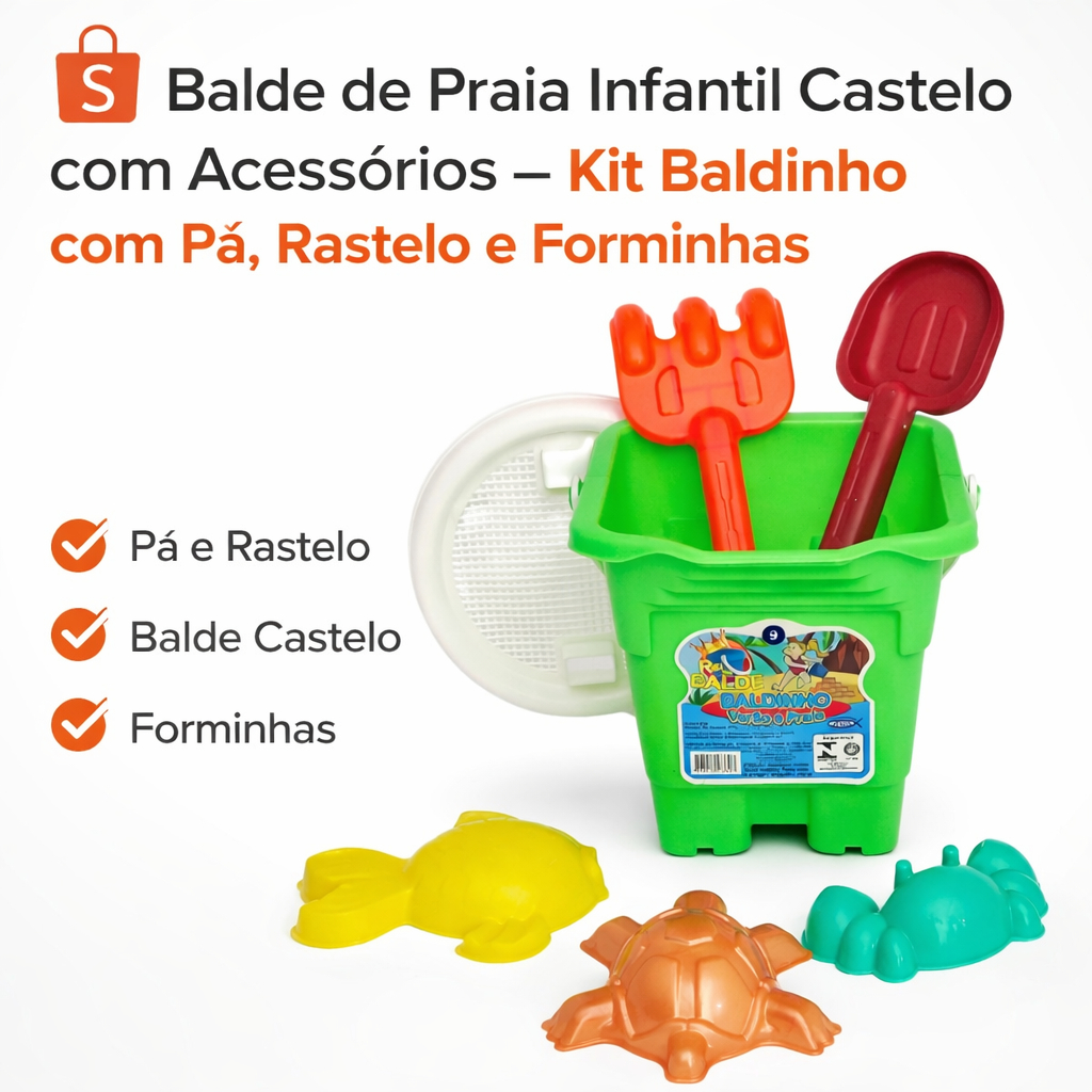 Balde de Praia Infantil Castelo com Acessórios Kit Baldinho Pá Rastelo Forminha Brinquedo para Areia