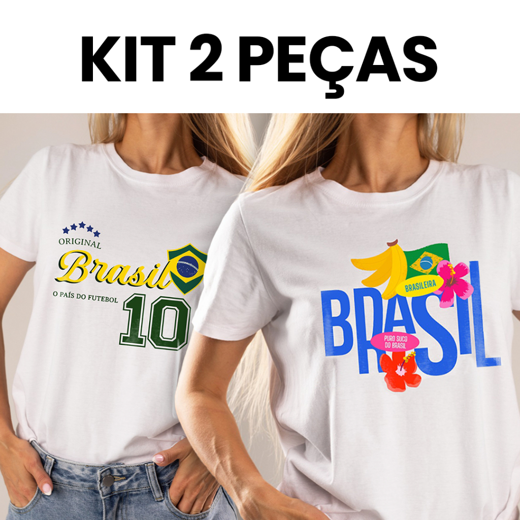 Kit 2 T-shirts Brasil Copa do Mundo Futebol Viral Blogueira Algodão Oferta Oferta