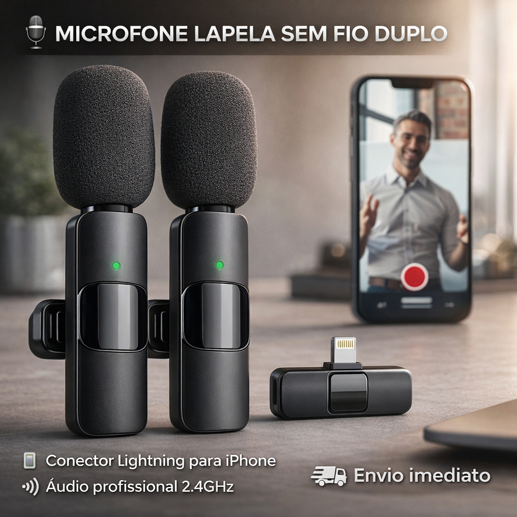 Kit 2 Microfones 3 em 1 Lapela Duplo Sem Fio Entrada Type-C Lightning Celular Smartphone Tablet PC