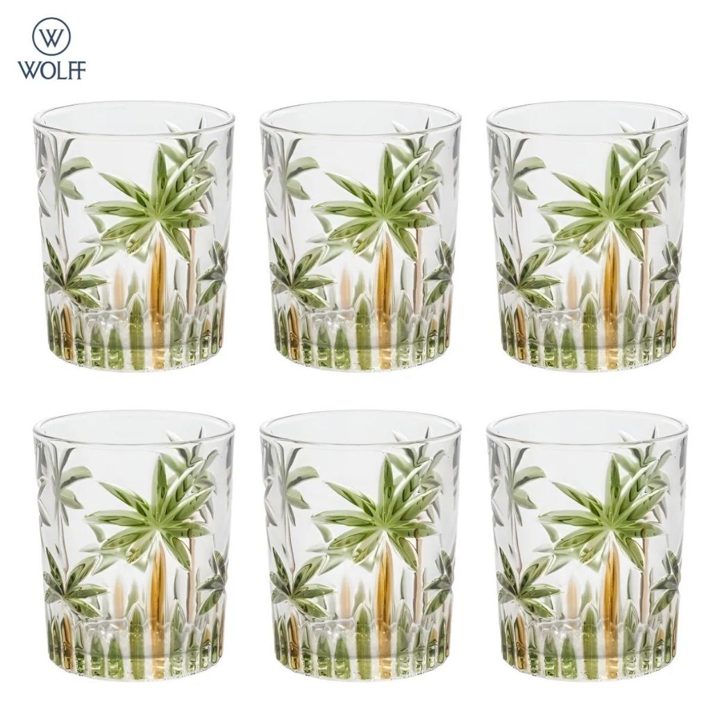 Jogo 6 Copos De Cristal Wolff Palm Tree 340ml Palmeira Água Suco Refrigerante Drinks Verão