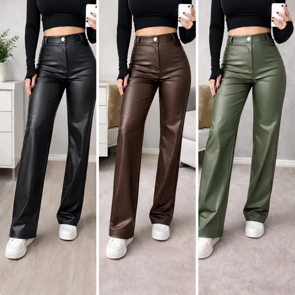 Calça Feminina de Couro Fake Larga Premium PU Wide Leg Pantalona Profissional com Zíper e Bolso