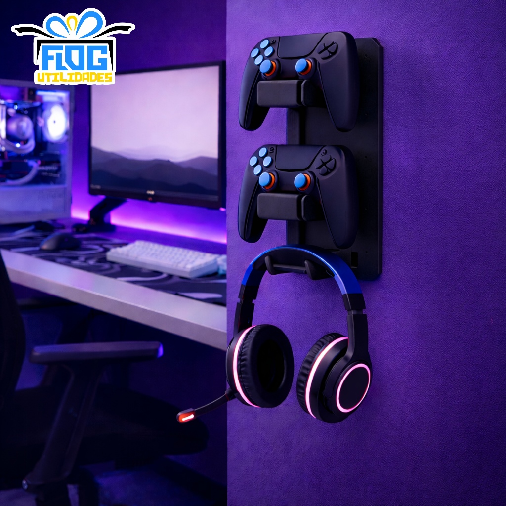 Suporte De Parede VARIÁS CORES P/ 2 Controle Ps5 Ps4 Ps3 Xbox +  Suporte Headset - Decoração Quarto - Parede