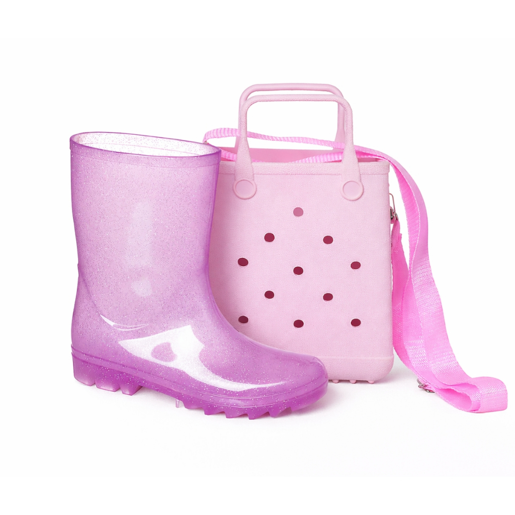 Combo Bota Galocha Infantil Com Bolsinha Feminina Bota Cano Alto Bota Injetada Chuva Gliter