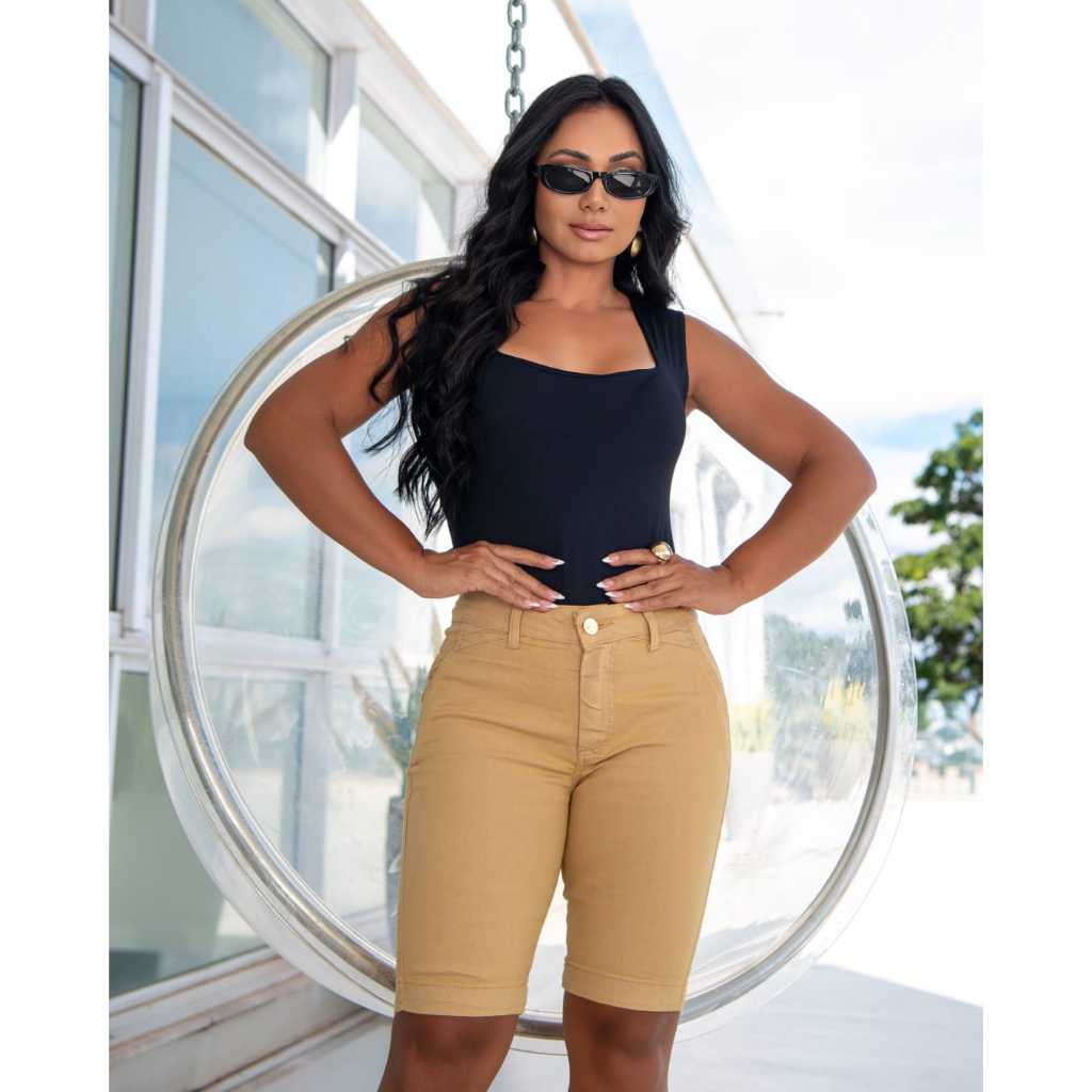 Bermuda Feminina Jeans Brim Cintura Cos Alto Com Lycra Levanta Bumbum