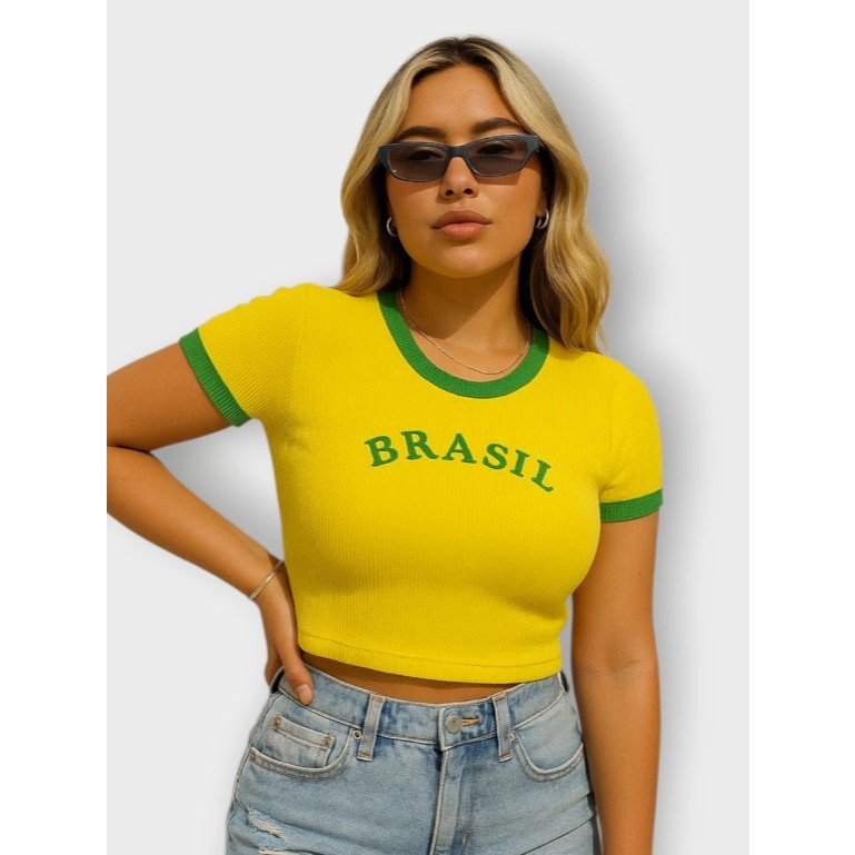 Cropped Brasil Manga Curta Canelado Croped Feminino Copa Torcida Verde Amarelo (brinde)