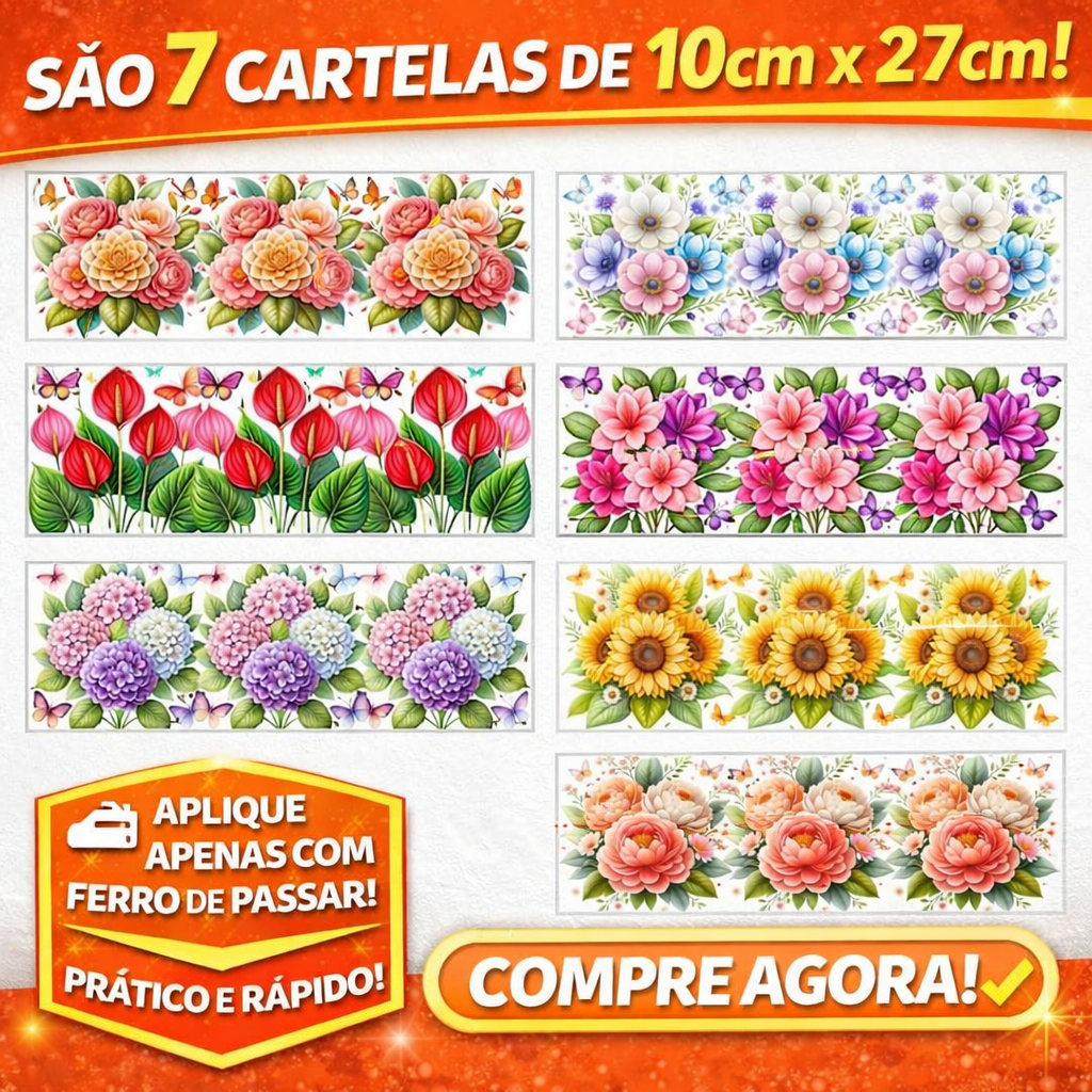 Kit 7 Decalques Termocolantes para Tecido | Transfer Têxtil | Pano de Prato e Artesanato