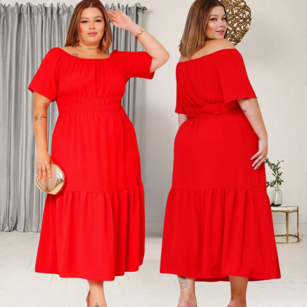 Vestido Longo Plus Size Ombro a Ombro Ciganinha 40 ao 52 Vestido em Tecido Duna com Elastex e Babado