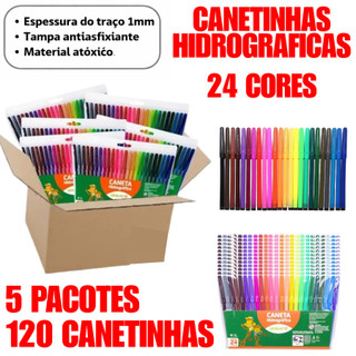 KIT Com 5 Pacotes 120 Canetinhas Leo & Leo 24 Cores Escolar Pintura Papelaria Material Escolar