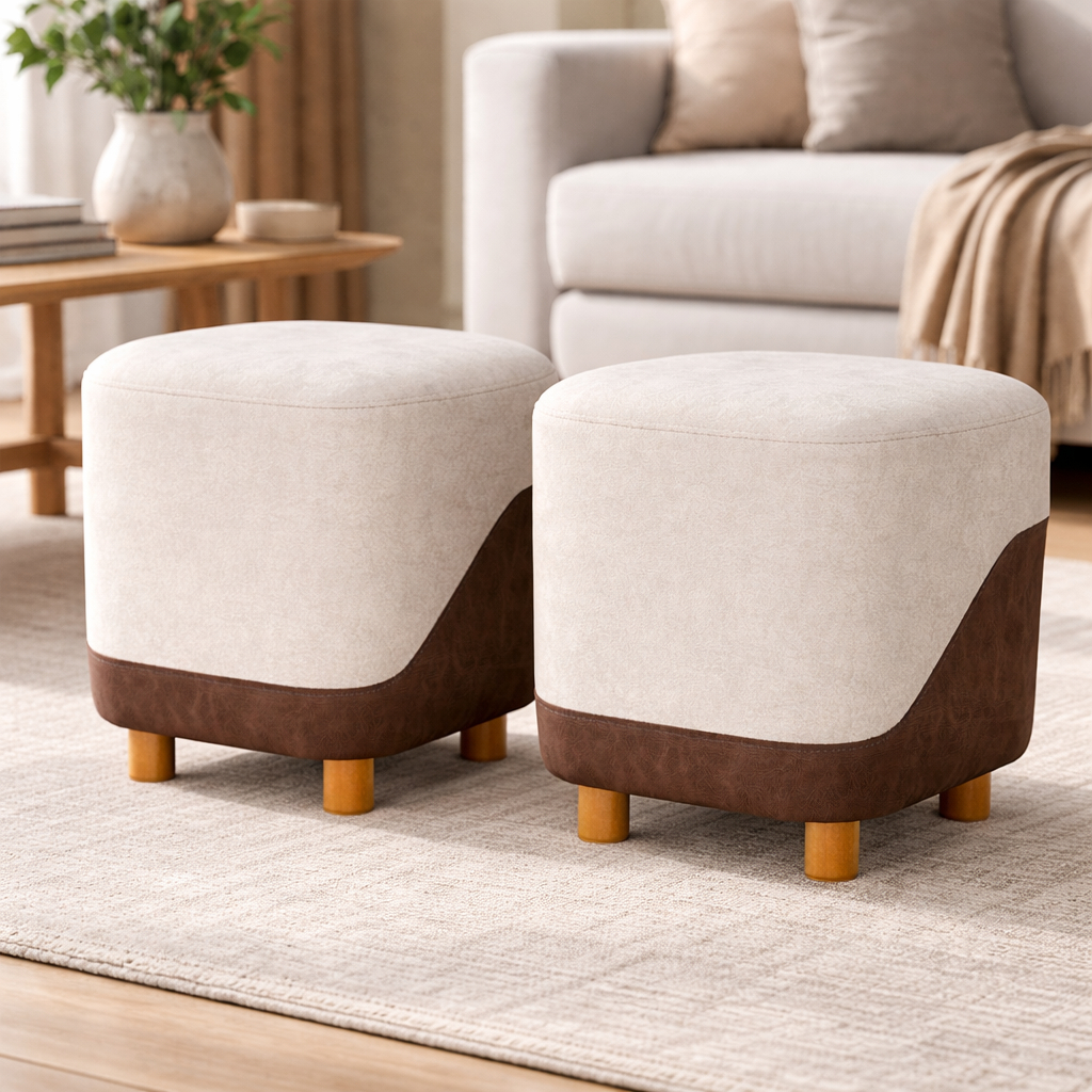 Kit 2 Puff New Decorativo Organico Puff Quadrado Tecido Boucle Luxo Cor Bege com Marrom