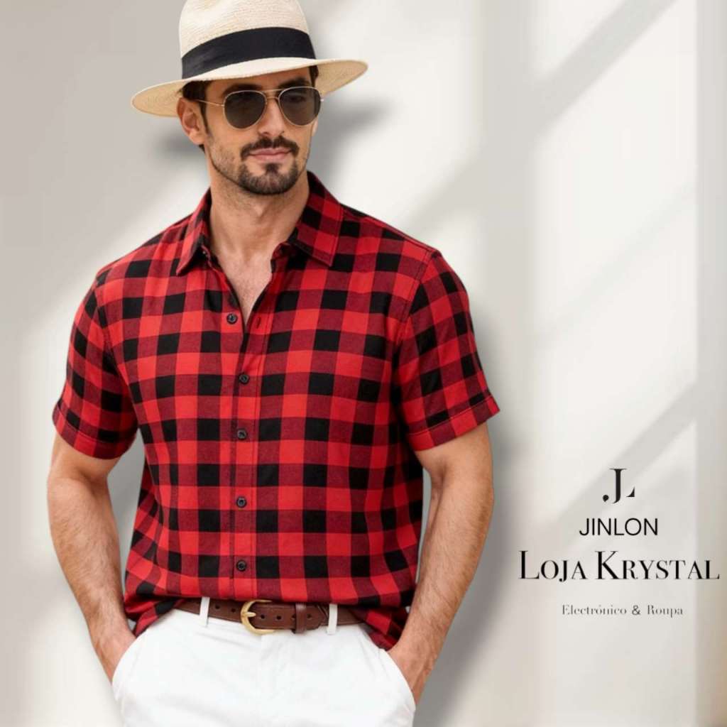 camisa xadrez cocial manga curta novo masculino