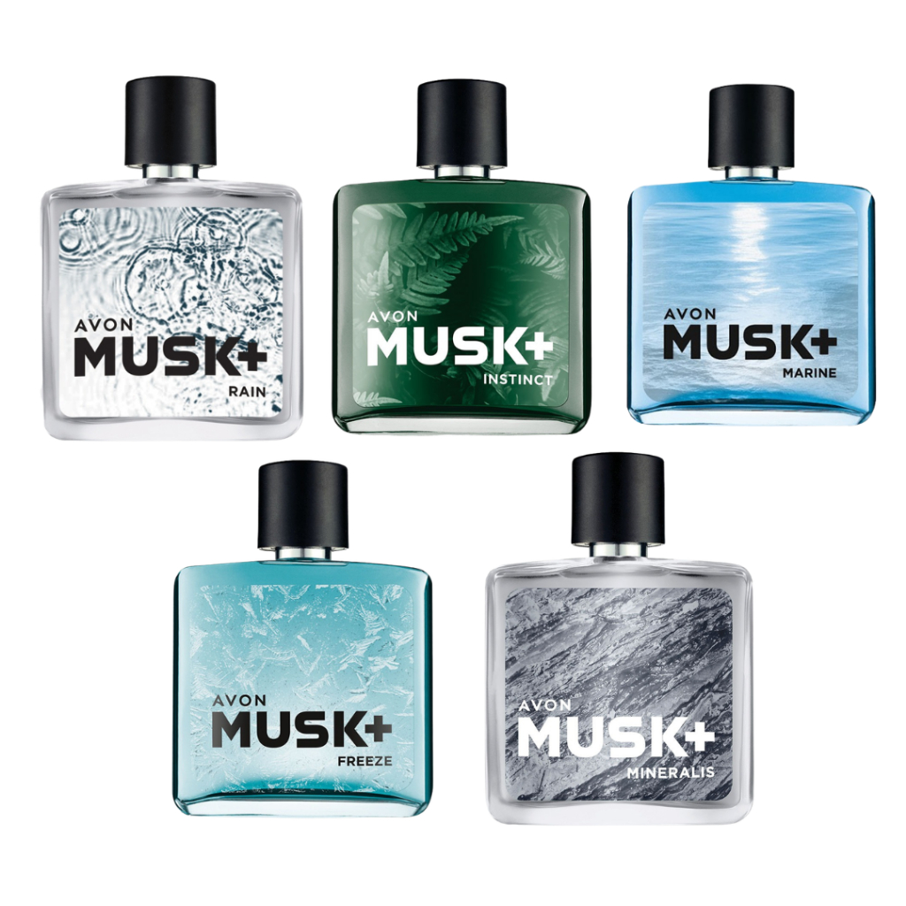 Linha de perfumes Avon Musk Premium — Rain Mineralis Marine perfumes academia escola faculdade