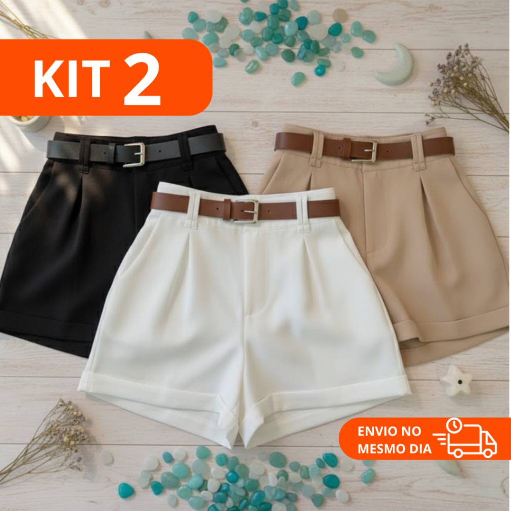 Kit 2 Shorts Alfaiataria Feminina Com Cinto Social Cintura Alta Disfarça Barriga
