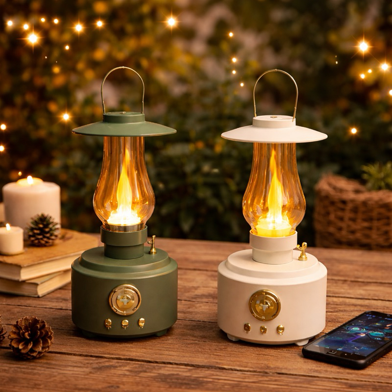 Luminária de Mesa com Caixa de Som Bluetooth – USB Recarregável Lampião LED Retrô Decoração